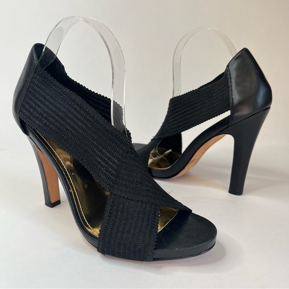 Vince Camuto Sasha Black Leather Texture Stretch Crossover Elastic Open Toe Heel - Picture 1 of 10